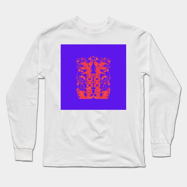 Traditional Chinese Paper Cutting Pattern - Hong Kong Retro Deep Purple with Red Symbol Long Sleeve T-Shirt by CRAFTY BITCH